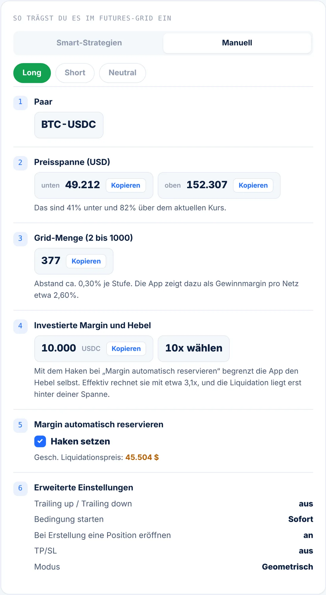 Vorschau der Grid-Bot-Einstellungshilfe mit Preisspanne, Grid-Menge, Hebel und Liquidationspreis